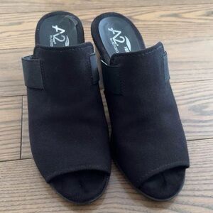 Black Open-Toe Slip-On wedge heel